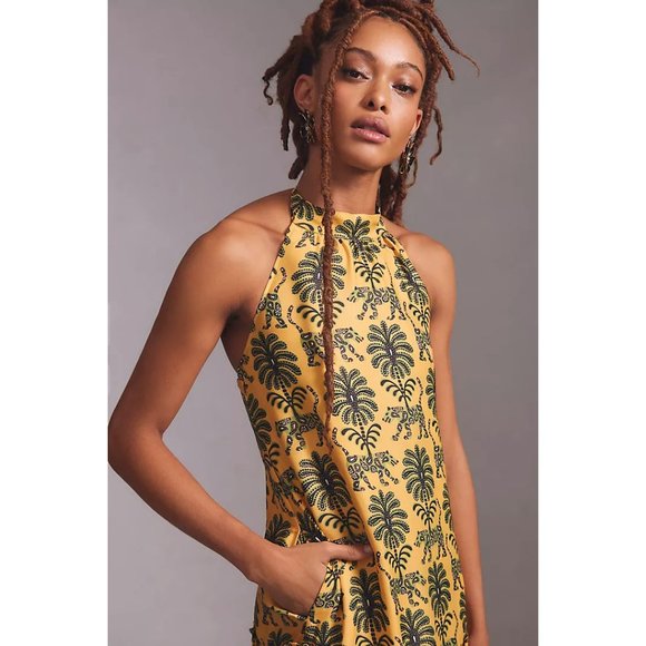 Anthropologie Farm Rio Jungle Tiger & Leaves Paisley Tiered Satin Halter Dress - Picture 5 of 5